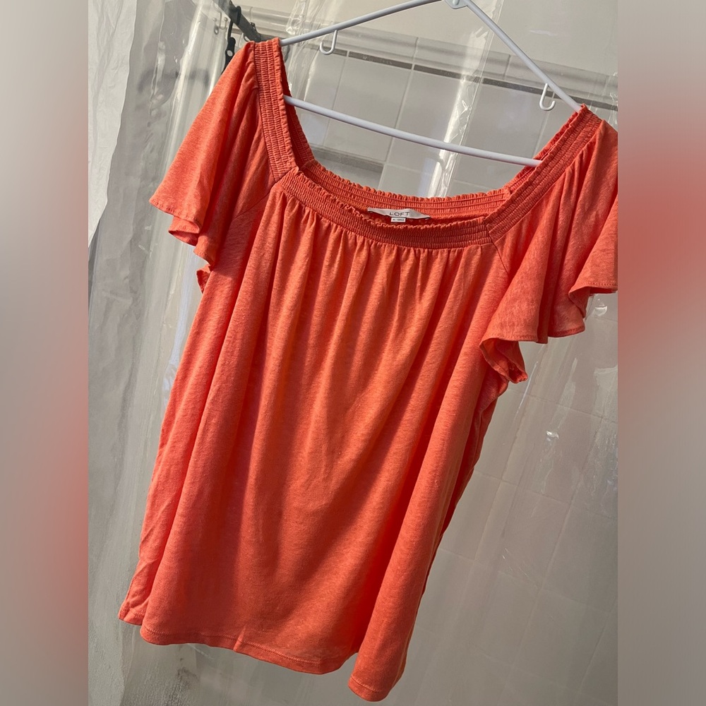 NWT Loft linen blouse light orane with elastic square neck size XL